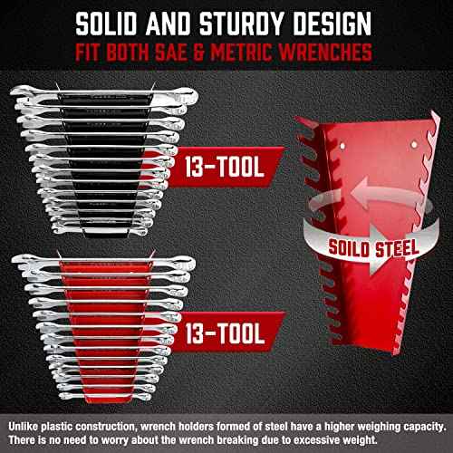 ALOANES 52-Slot Metal Wrench Organizer, Heavy Duty Wrench Organizer Tray for Tool Box, Fit SAE & Metric Wrench Storage, 4 Pack Wrench Holders(Red&Black)