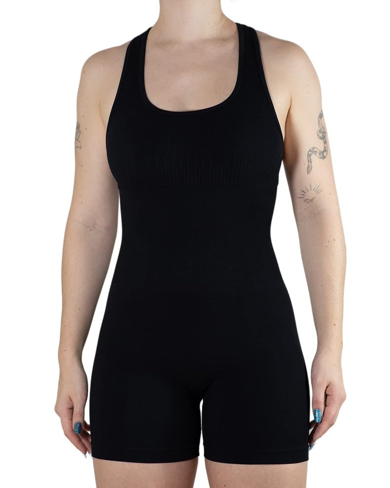 AUROLA Power Romper for Women Workout Yoga Gym Seamless One Piece Racerback Jumpsuit Tummy Control Padded Sports Bra,Black,M