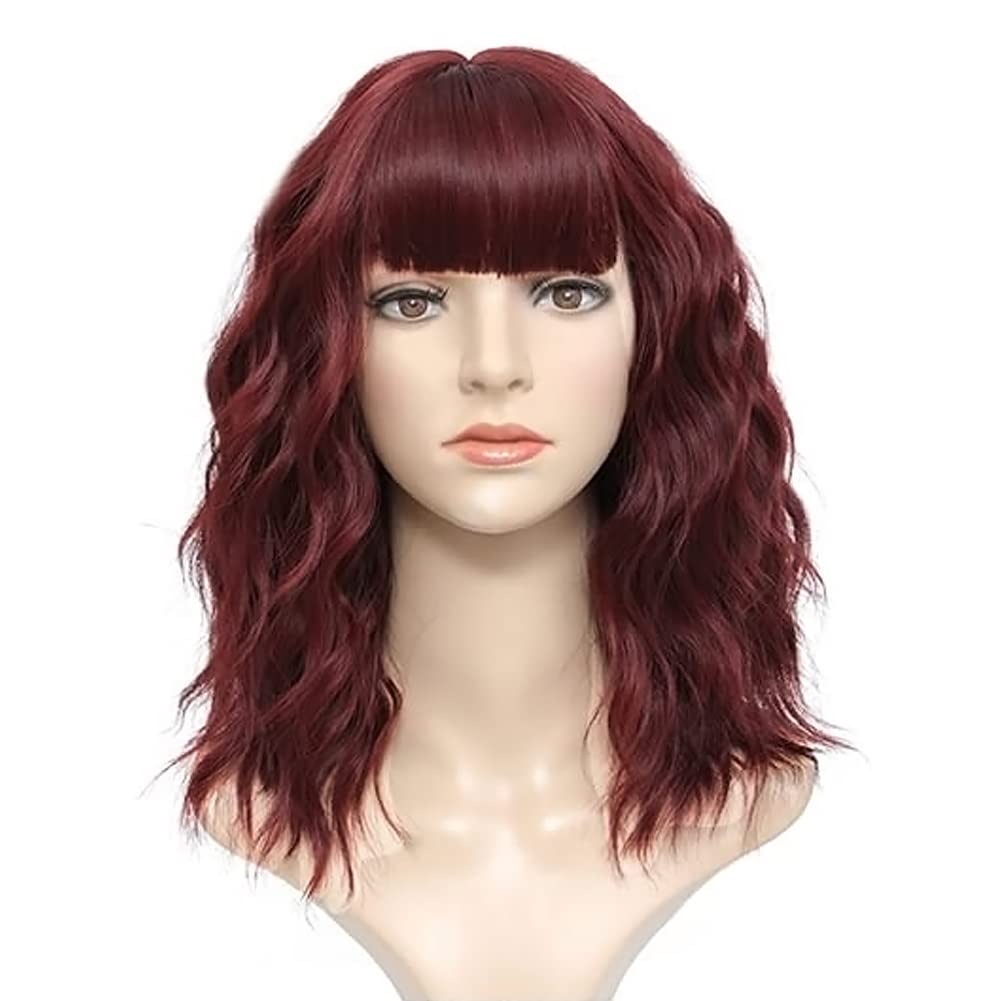Colorfulpanda Short Bob Wigs for Women Wine Red Wavy Curly Wig with Bangs Natural Synthetic Heat Resistant Hair Wig Cosplay or Daily Use 14 Inch