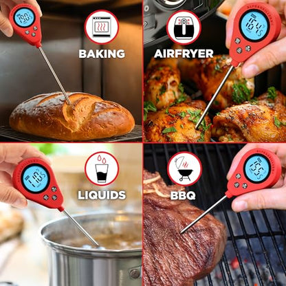 Alpha Grillers Instant Read Meat Thermometer Digital Food Thermometer for Cooking Grilling Bread Baking Liquids and Air Fryer with Temperature Guide, Long Probe and Large Backlit Display
