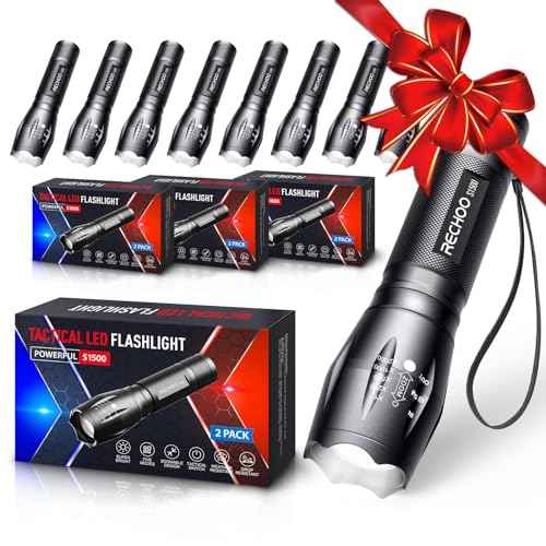 RECHOO 8 Pack LED Flashlight, Bright Powerful Flash Light with 5 Lighting Modes, Small Zoomable Tactical Flashlights High Lumens, Waterproof EDC Flashlights for Home, Camping, Emergency - S1500