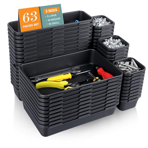 tchrules 63 PCS Tool Box Organizer Tray, Plastic Drawer Organizer Tray, 3 Size Desk Drawer Organizers, Toolbox Organization Storage Bins for Rolling Tool Chest Cart Cabinet Work Bench Small Parts