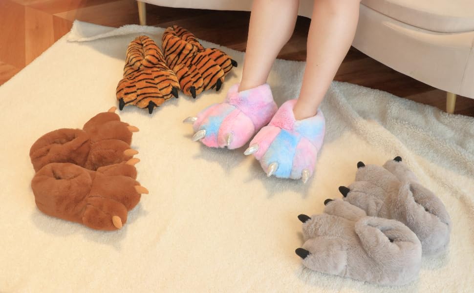 Aopuro Women Plush Animal Paw Slippers - Funny Novelty Bear Claw Plush Slippers with Memory Foam for Gifts, Halloween & Christmas
