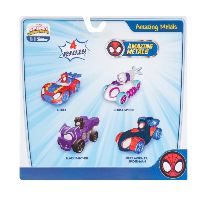 Jazwares Marvel Spidey and Friends 4-Pack Die-Cast Vehicles - Includes Spidey, Ghost-Spider, Black Panther, Miles Morales - Superhero Toys for Kids 3+