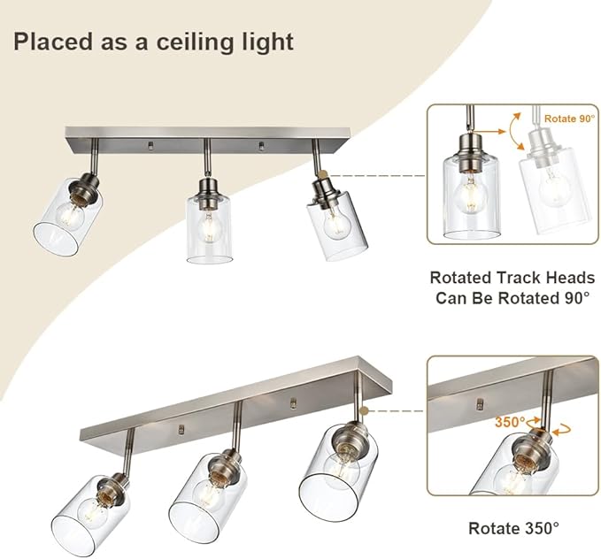 VINLUZ 3 Light Interior Wall Mounted Lights Metal Black Bathroom Lighting Multi-Directional Rotating Metal Ceiling Light Fixture with Clear Glass Industrial Spotlight for Kitchen Foyer