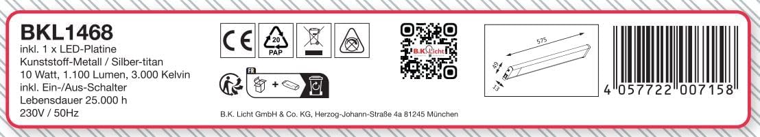 B.K.Licht - LED Strip with On/Off Switch, Warm White Light Colour, Includes Plug Cable, Under-Unit Light, Kitchen, LED Light Strip, Kitchen, Cabinet Lighting, Kitchen Lamp, 57.5 x 4.9 x 1.3 cm, Titanium-Coloured