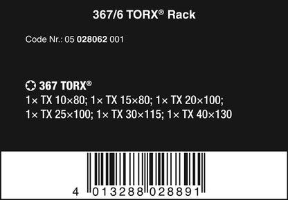 Wera 367/6 TORX® Kraftform screwdriver set with rack, 6pc, 05028062001,Multi-colour,315 x 155 x 40 mm