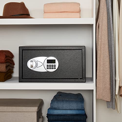 Amazon Basics Steel Security Safe and Lock Box with Programmable Electronic Keypad, for Valuables, Cash, Jewelry, Documents, Black, 1 Cubic Foot, 16.9-x-14.6-x-9.1-inches (WxDxH)