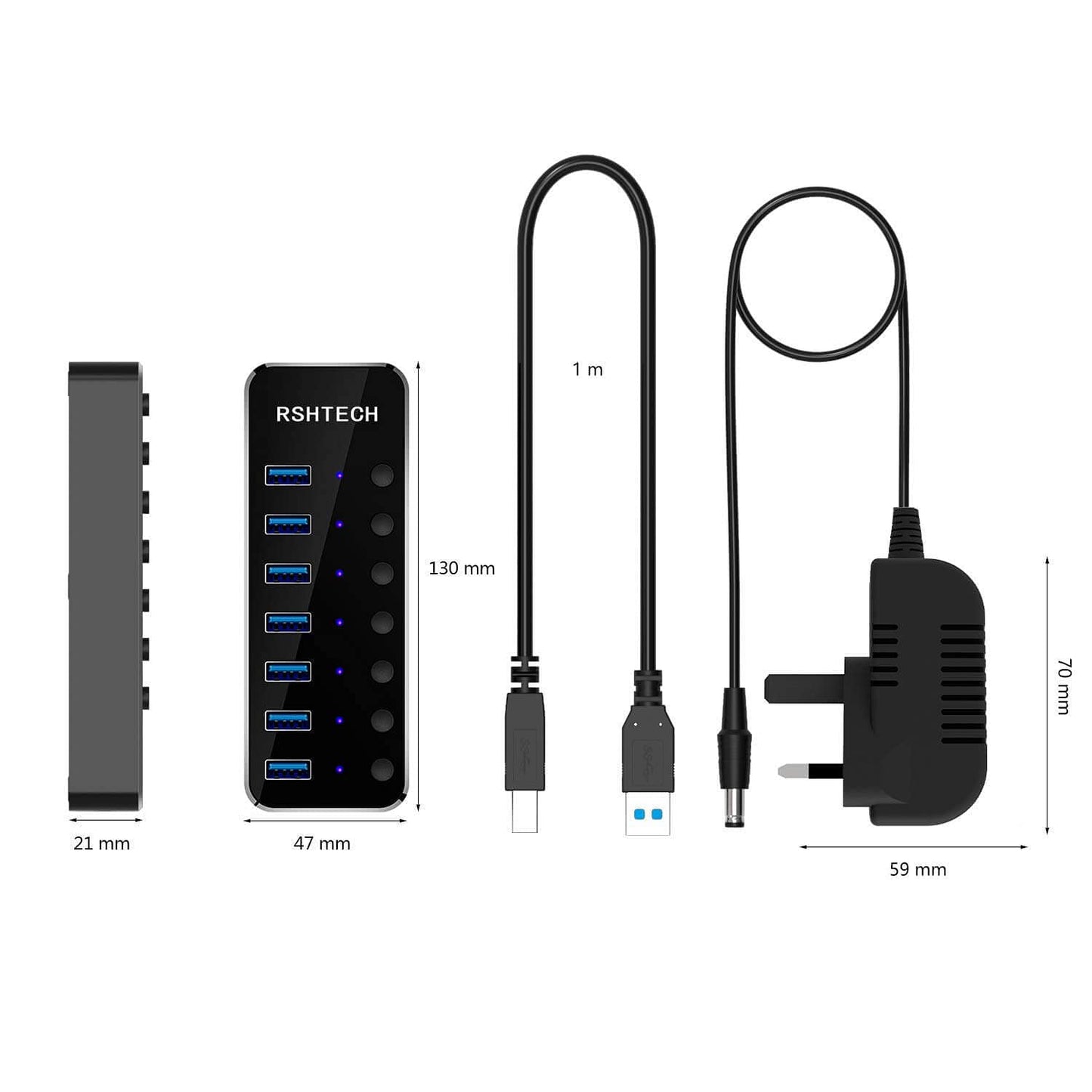 RSHTECH USB Hub Powered 7 Port USB 3.0 Data Hub Aluminum USB Extension Splitter with Individual On/Off Switch Universal AC to DC 5V Power Adapter (RSH-518)