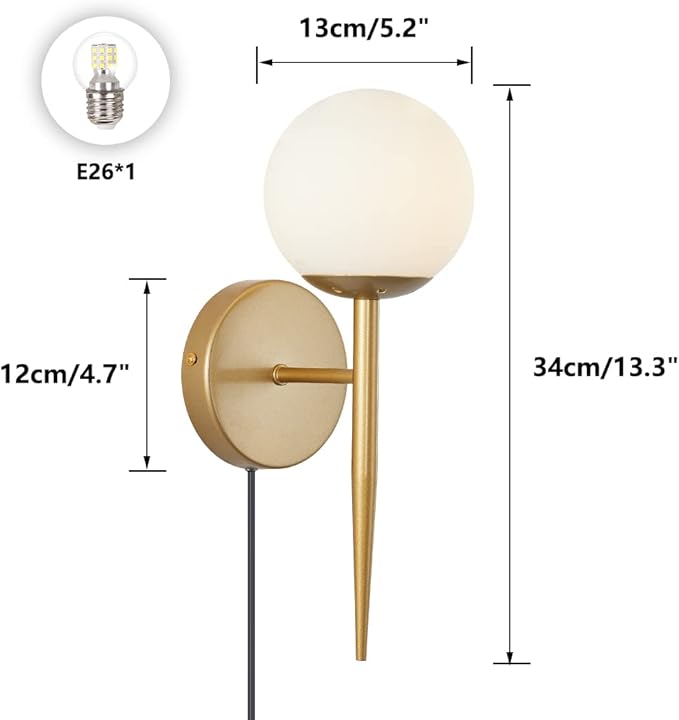 BOKT Mid Century Modern Globe Wall Sconce Set of Two Plug in Cord Brushed Gold Bathroom Wall Sconce Light Set of 2 Plug in Frosted White Glass Bedroom Plug in Wall Lamp (White)