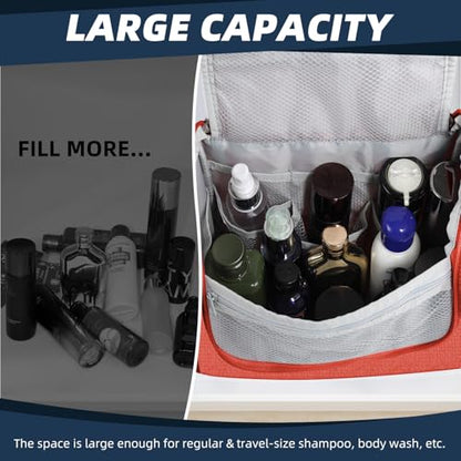 Buruis Large Capacity Toiletry Bag for Women and Men, Hanging Toiletry Organizer Cosmetics Makeup Bag, Water-resistant Dopp Kit Shaving Bags for Full Sized Toiletries, Travel Essentials (Orange)