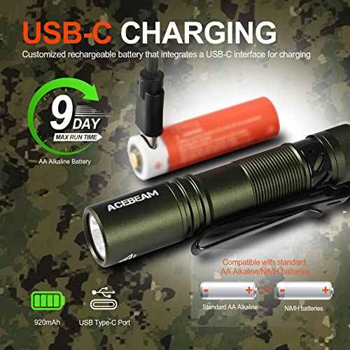 ACEBEAM Pokelit AA Rechargeable Mini Flashlight with Clip, 550 High Lumens Pocket EDC Flashlight, Super Bright Small Flashlight, 90+ High CRI Led Flashlight for Camping,Hiking,Everyday Use(Dark Green)