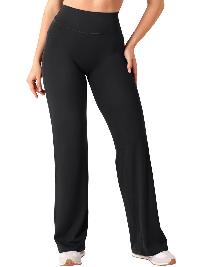 YEOREO Ease Workout Leggings with Pockets for Women No Front Seam Straight Leggings High Waist Wide Leg Yoga Pants 31.5" Black S