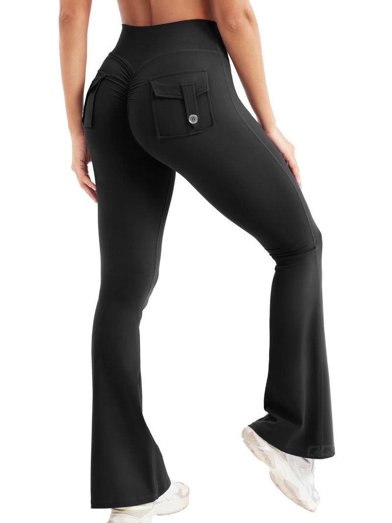 QOQ Flare Leggings with Pockets for Women Workout Scrunch Flare Leggings Tummy Control Gym Yoga Pants Wide Leg Black L