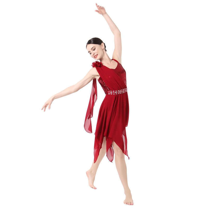 IBAKOM Lyrical Dance Dress for Women One Shoulder Flower Strap Shiny Sequins Contemporary Dance Costume Asymmetrical Chiffon Skirt Ballerina Salsa Ballroom Flowy Dresses Red Strap L