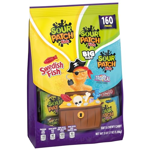 SOUR PATCH KIDS Original, Tropical, Big Kids & SWEDISH FISH Halloween Candy Variety Pack, Bulk Candy, 160 Trick or Treat Bags