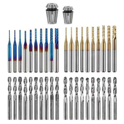 LUNYEE 40pcs End Mills CNC Router Bits with ER11, ER16 Collet, 1/8" Shank CNC Cutter Milling Carving Bit Set Including 2-Flute Flat Nose & Ball Nose, Nano Blue Coat & Titanium Coat Bits