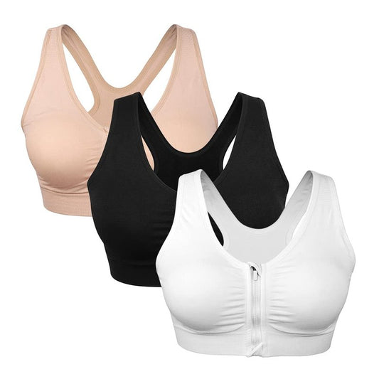 Women's Zip Front Sports Bra - Wireless, Padded, Racerback, Running, Yoga, Seamless Mastectomy Bra - Post-Surgery Zipper Closure