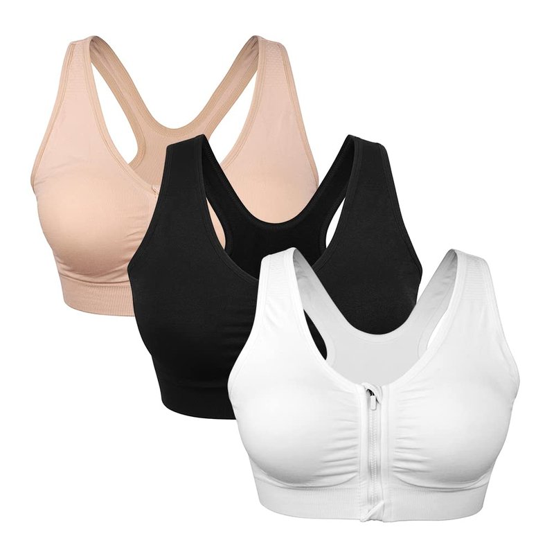 WANAYOU Racerback Sports Bra, Women's Zip Wire-Free Yoga Sports Bra (L:Fit 34C,34,34D,34DD,36B,36C,38A,38B, 3 Pack(Black+Flesh+White))