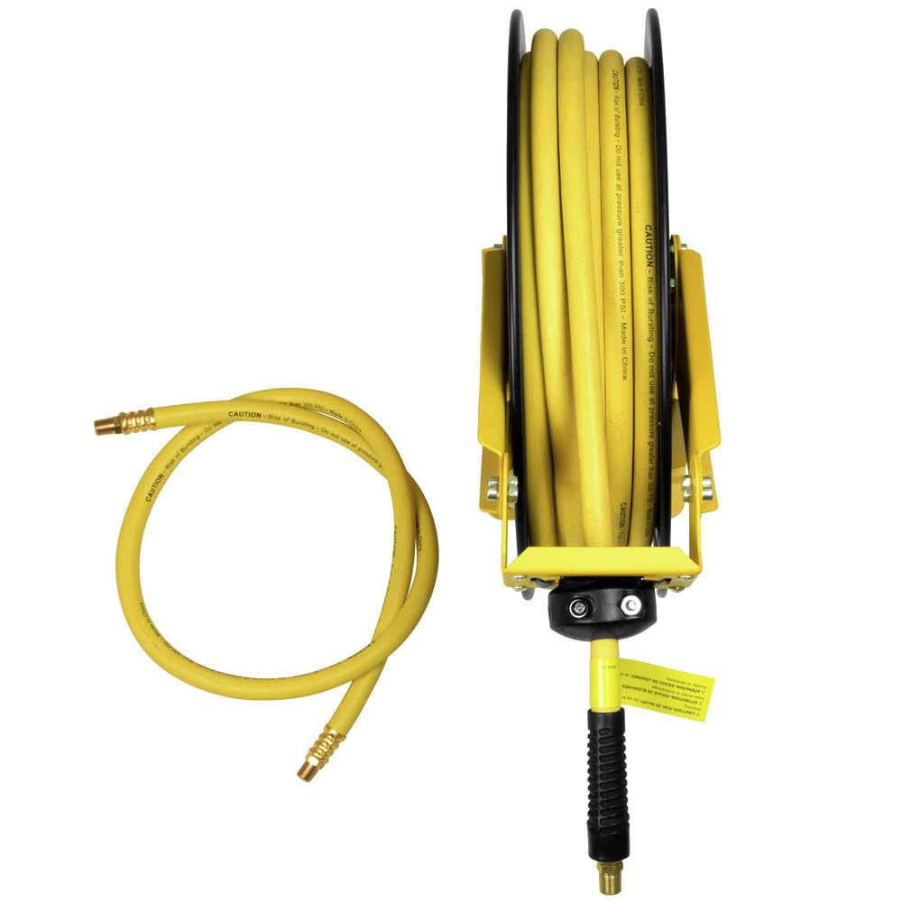 DEWALT Retractable Air Hose Reel 50ft, Wall or Truck Bed Mounted Usable for Pnuematic Air Tools for Mechanics, Garage, At Home and More: Double Arm Construction, 3/8in x 50ft Hose