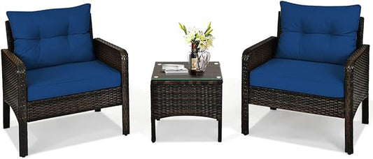 HAPPYGRILL 3 Piece Patio Conversation Set Outdoor Rattan Wicker Furniture Set with Coffee Table & Chairs Patio Bistro with Seat Cushions for Garden Balcony Backyard Poolside