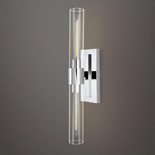 Nickel Bathroom Vanity Light, 2-Light Bathroom Wall Sconce Over Mirror, Chrome Vanity Lights for Bathroom, Dimmable Vanity Sconce with Glass Tube, Indoor Linear Wall Sconce for vertical and horizontal
