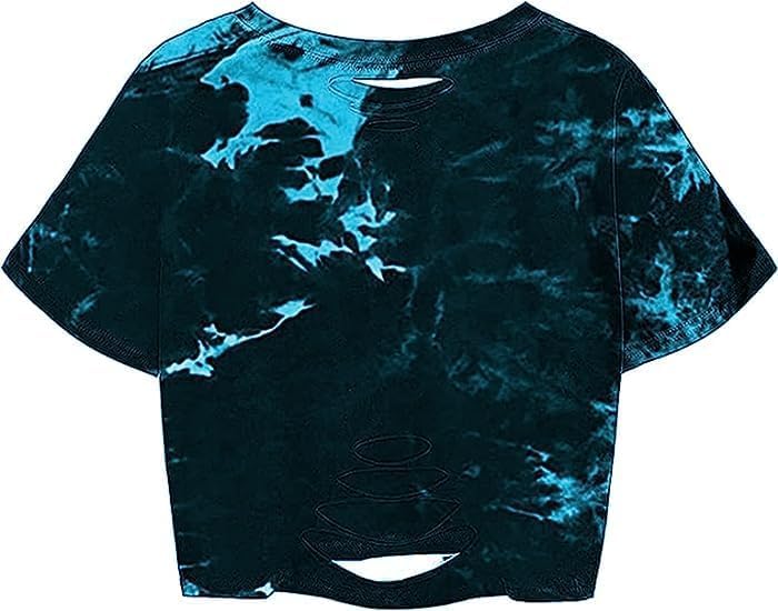 Remidoo Women's Tie Dye Short Sleeve Graphic Print Distressed Ripped Crop Top T Shirt Black Small