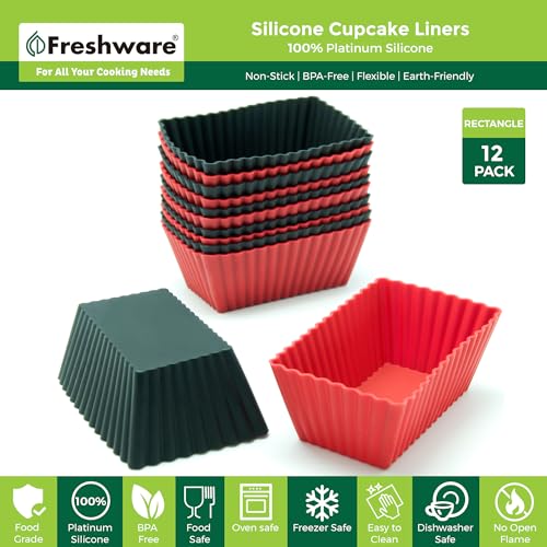 Freshware Cupcake Liners, Pack of 12 Silicone Muffin Cups, 2.8 Inch Baking Cups, Reusable & Non-stick Cupcake Liners for Party Halloween Christmas, Rectangular