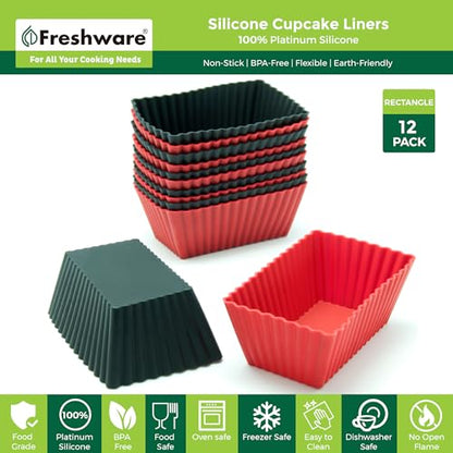 Freshware Cupcake Liners, Pack of 12 Silicone Muffin Cups, 2.8 Inch Baking Cups, Reusable & Non-stick Cupcake Liners for Party Halloween Christmas, Rectangular