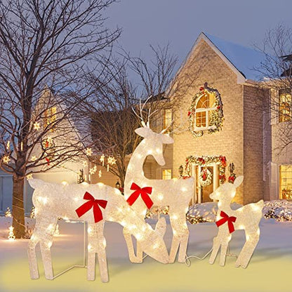 Twinkle Star 3 Pack Tinsel Reindeer Family Lighted 2D Deer Christmas Decor, with Clear 60 Count Lights, Light Up Buck, Doe and Fawn Indoor or Outdoor Yard Lawn Festive Holiday Decoration