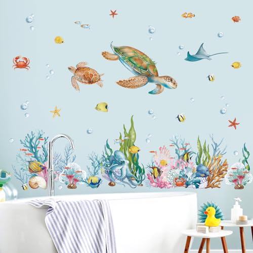 wondever Ocean Grass Seaweed Wall Stickers Under The Sea Turtle Coral Reef Tropical Fish Wall Art Decals for Baby Nursery Kids Bedroom Bathroom