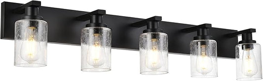 5-Lights Farmhouse Bathroom Vanity Light in Black Finish Wall Mount Lighting Fixtures with Seeded Glass for Mirror Cabinet Kitchen Bedroom