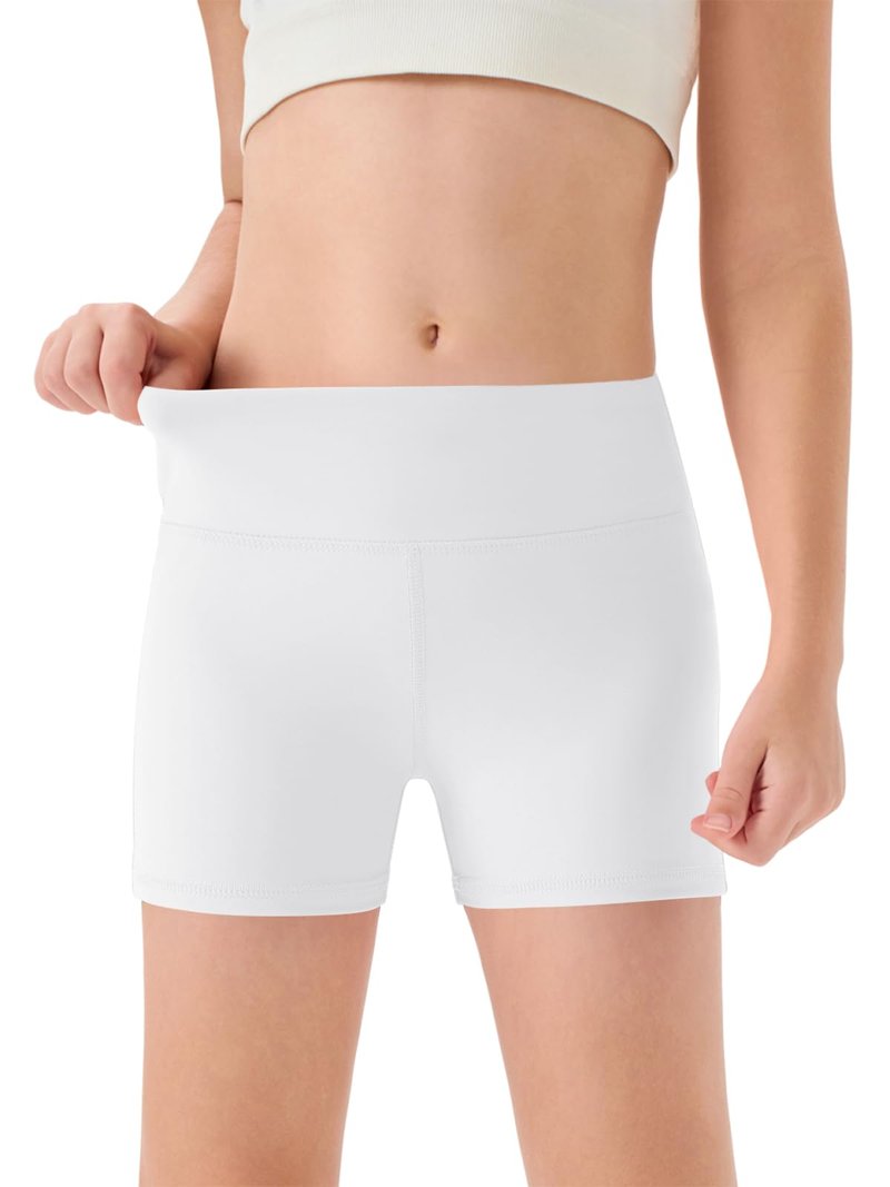 Haloumoning Girls Athletic Shorts Kids High Waisted Yoga Dance Biker Shorts Comfy Gymnastics Shorts 5-14Y White