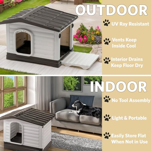 Ferplast Dog Villa Indoor and Outdoor Dog House for Small Dog Breeds, Measures 28.75L x 23.23W x 20.87H Inches, Ventilated with Patented Fold-Out Porch, Cream with Dark Brown Bottom, Part # 87253099