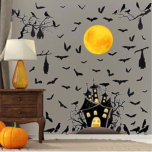 Halloween Moon Bat Wall Stickers Crow Tree Branch Decals Removable Large Halloween Castle House Bat Wall Stickers Peel and Stick Black Crows Raven Bats Decoration Party Supplies