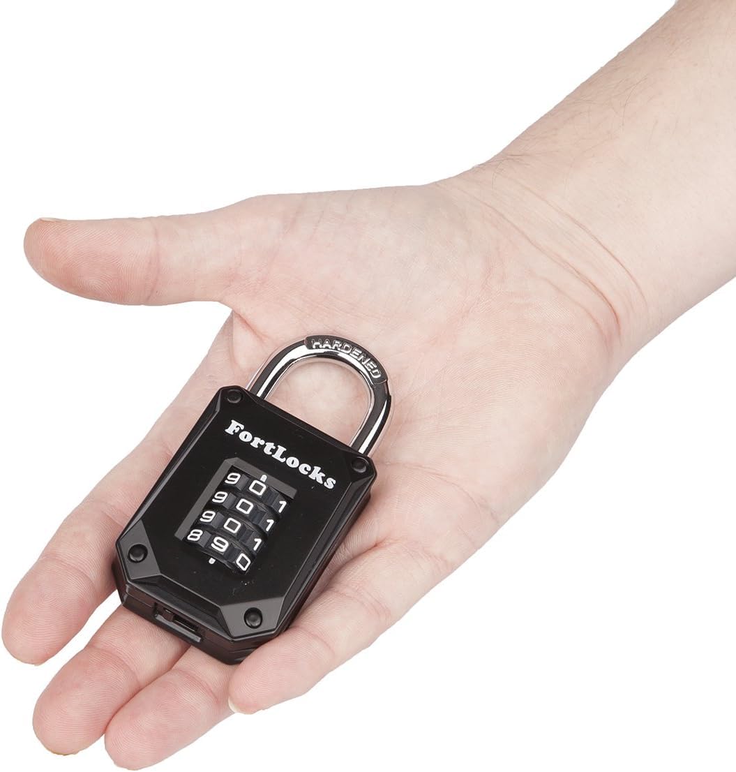 FortLocks Gym Locker Lock - 4 Digit, Heavy Duty, Hardened Stainless Steel, Weatherproof and Outdoor Combination Padlock - Easy to Read Numbers - Resettable and Cut Proof Combo Code - 1 Pack Black