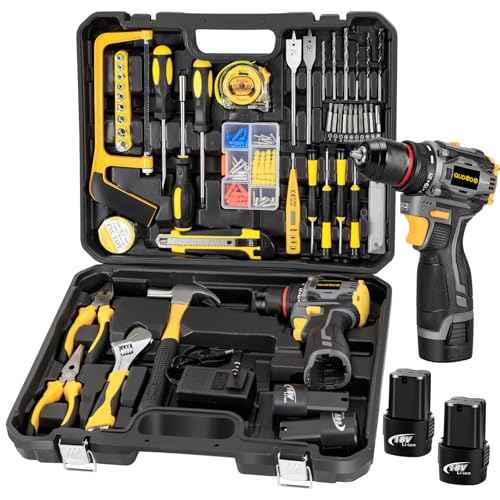 QUDODO Brushless Compact Drill Tool Set, 120PCS 45N. m 18V Cordless Drill Kit with 2 Battery, Woman Household Tool Kit with Electric Driver, Taladro Set with Inal?mbrico for Daily Home Basic Repair