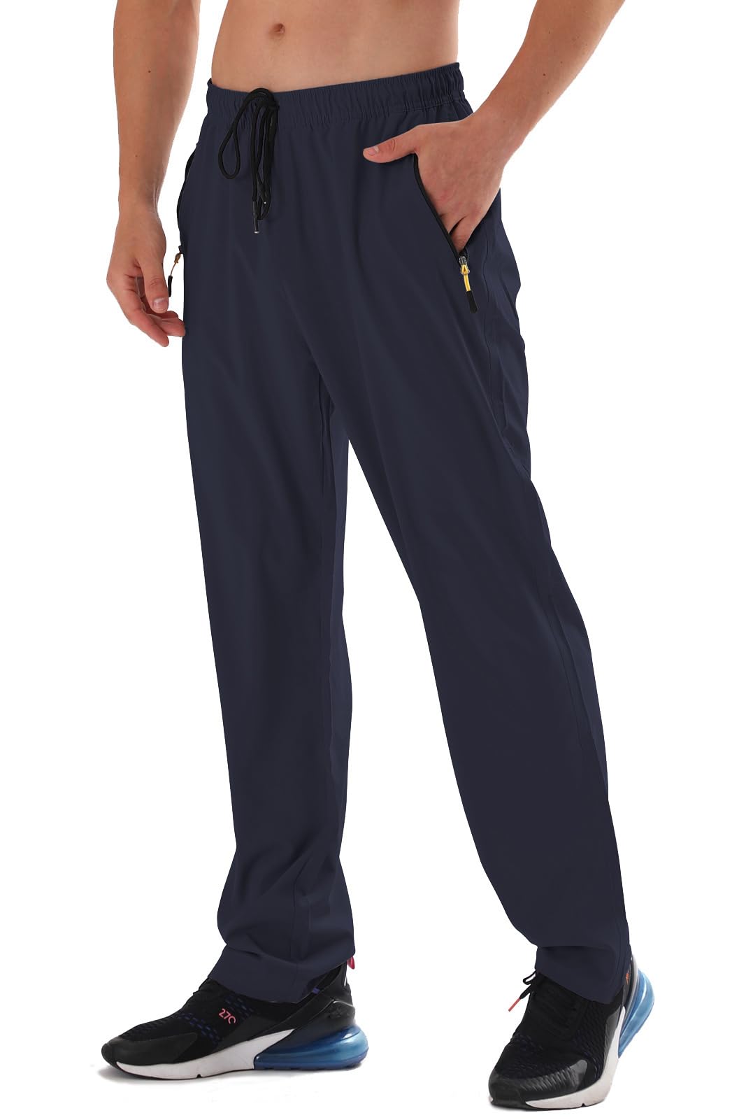 Men's Elastic Waist Hiking Pants Water Resistant Quick-Dry Lightweight Outdoor Sweatpants with Zipper Pockets Darkblue