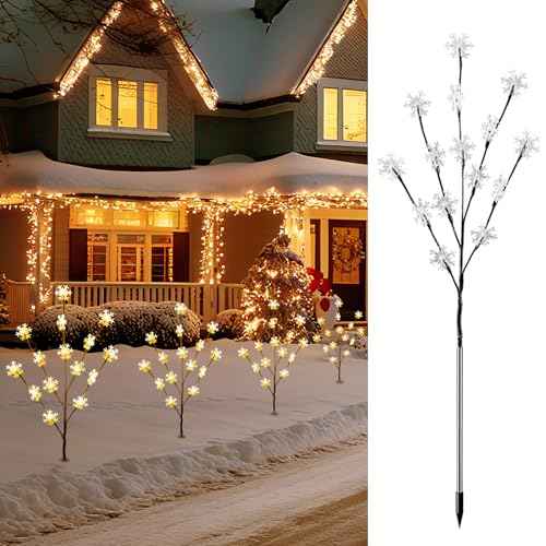 Brightown Snowflake Lights Outdoor Pathway, 8 Packs Lighted Branches Christmas Yard Decor, Small Christmas Tree with Lights, Twig Branch Light Outdoor Christmas Decorations Yard, Warm White