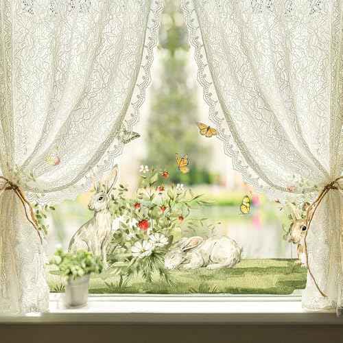 Spring Woodland Forest Animals Window Decals, Vinyl Non-Adhesive Double-Sided Static Clings, Rabbit, Butterfly, Grass, Anti-Collision Stickers for Kids Bedroom Windows Glass Home Decor