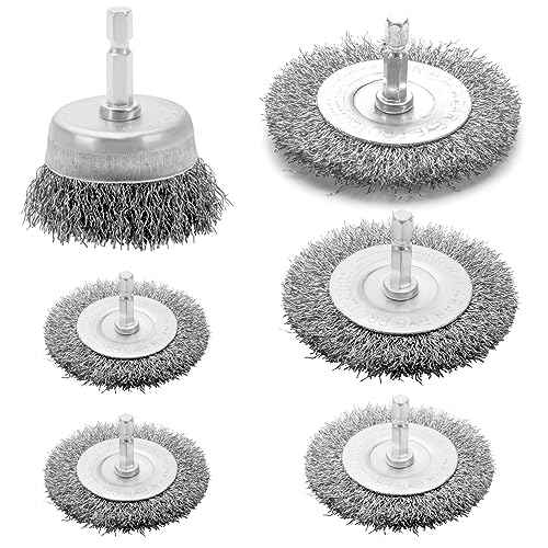 Wire Brush for Drill Set 6 Pcs, Wire Wheel for Drill with 1/4 Inch Hex Shank, Drill Wire Brush Set with 0.012 Inch Coarse Crimped Carbon Steel Wires for Removing Rust, Paint and Corrosion