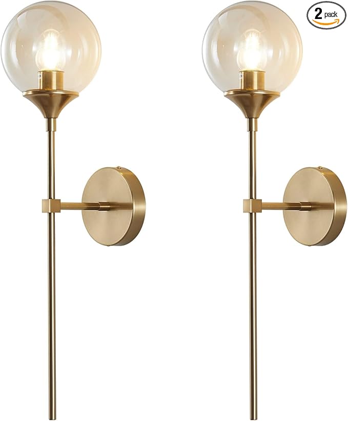 KCO Mid-Century Modern Wall Mounted Sconces Set of 2 Amber Glass Globe Wall Lamps with Long Arm Industrial Gold Wall Lights Fixture for Bedroom Bedside Stairway Hallway