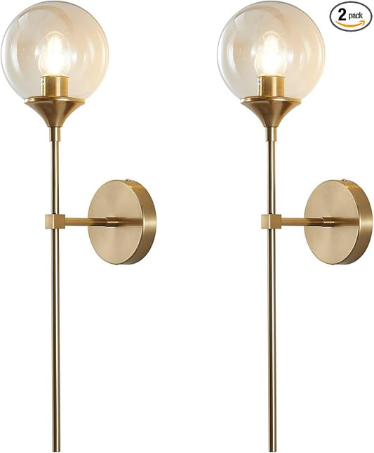 KCO Mid-Century Modern Wall Mounted Sconces Set of 2 Amber Glass Globe Wall Lamps with Long Arm Industrial Gold Wall Lights Fixture for Bedroom Bedside Stairway Hallway