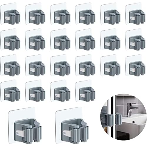 3-H 24-Pack Self Adhesive Broom Holder Wall Mount - Heavy Duty No Drill Broom Organizer for Garage Closet Kitchen, Plastic Storage Rack for Brooms Mops Tools, Peel and Stick Adhesive
