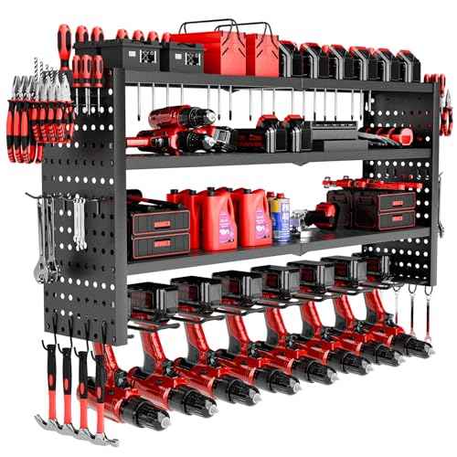 Power Tool Organizer Wall Mount, 4 Layer Heavy Duty Garage organizer Loads 280lbs, Tool Organizers with 8 Drill Hanger, Battery Tools Holder Garage Storage Organization for Workbench, Pegboard, Shed