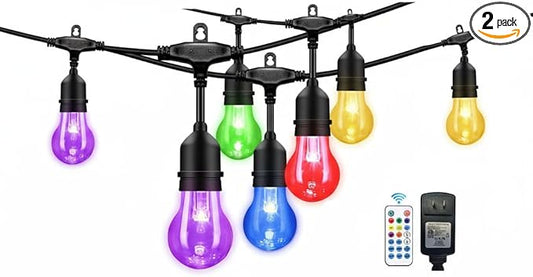 96FT Outdoor String Lights, 30 Shatterproof Edison Bulbs, Dimmable Color Changing RGB LED Patio Lights with 2 Remote Controllers. Perfect for Backyard Decorative Lighting