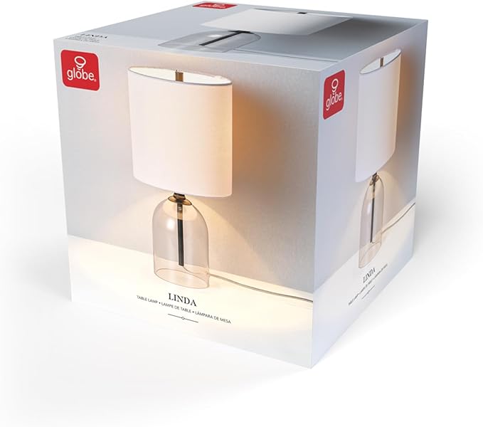 GLOBE Electric 61000141 15" Table Lamp, Glass Base, Matte Black Finish, White Linen Shade, Rotary Switch on Socket, 5-Foot Clear Cord, Bedroom, Home Décor, Nightstand