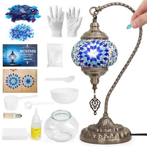 DIY Turkish Mosaic Lamp Kit, Swan-Neck Stained Glass Lamp Making Kit- Easy,Fun,No Experience Needed, Mosaic Art & Craft Project Kits for Adults & Teens, Make Your Own Table Lamp,Blue