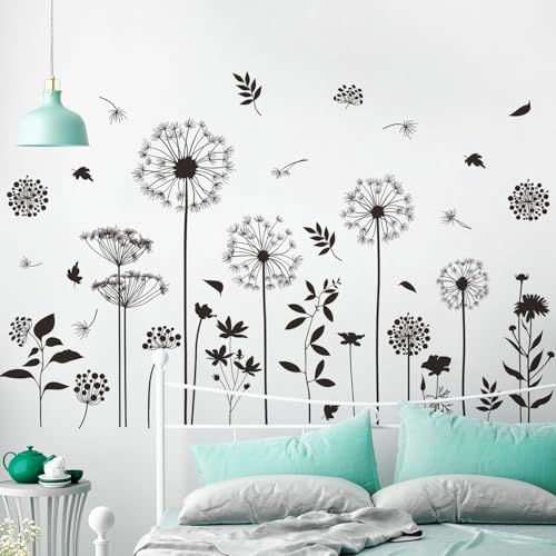 Black Flower Wall Decals Peel and Stick Simple Boho Flower Wall Sticker Wildflower Plants Dandelion Wall Decor Removable Vinyl Wall Mural for Girl Room Bedroom Living Room Home FX-C413