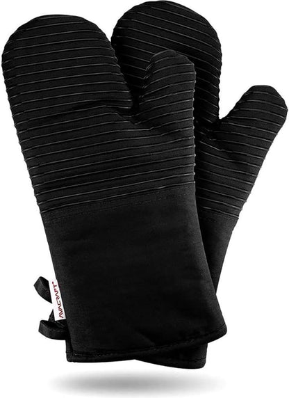 AVACRAFT Oven Mitts Pair, Black - Flexible, 100% Cotton with Unique Heat Resistant Food Grade Silicone, Thick Terry Cloth Interior, 500 F Heat Resistant